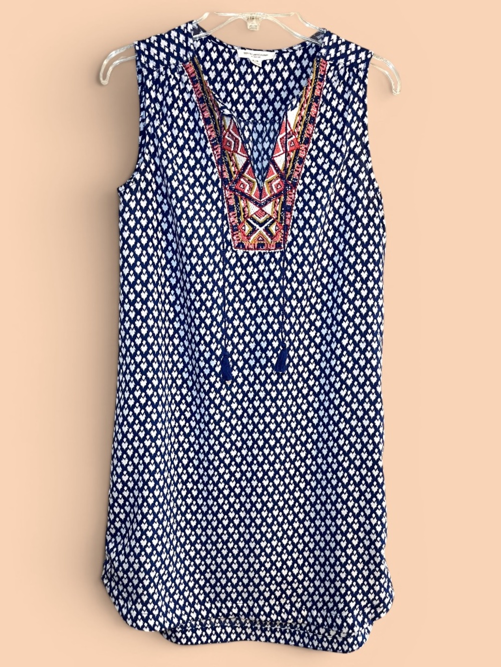 Beachlunchlounge Boho Embroidered Tassel Ikat Shift Dress Size Small